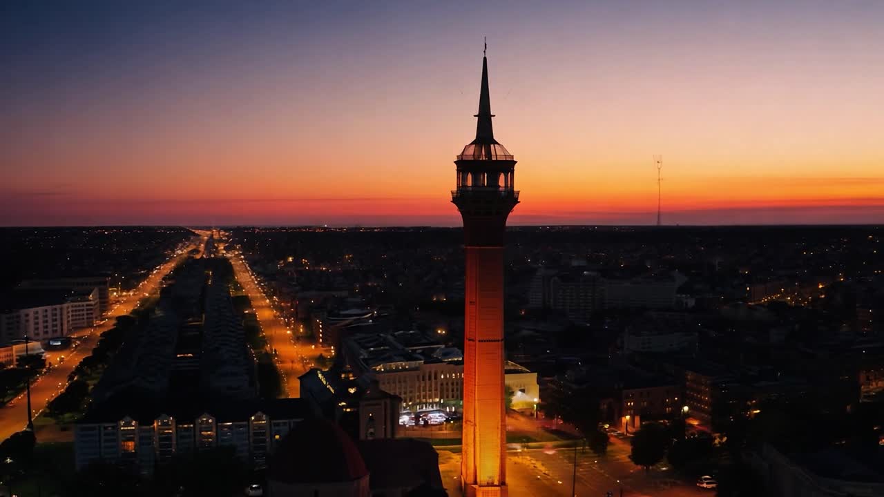 웅장한 타워가 높이 서서 해가 지는 따뜻한 빛에 목욕하는 동안, 도시의 불빛은 아래에서 반이기 시작합니다.