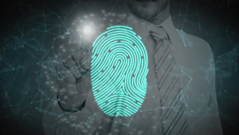 network of connections against biometric scanner against businessman touching invisible screen