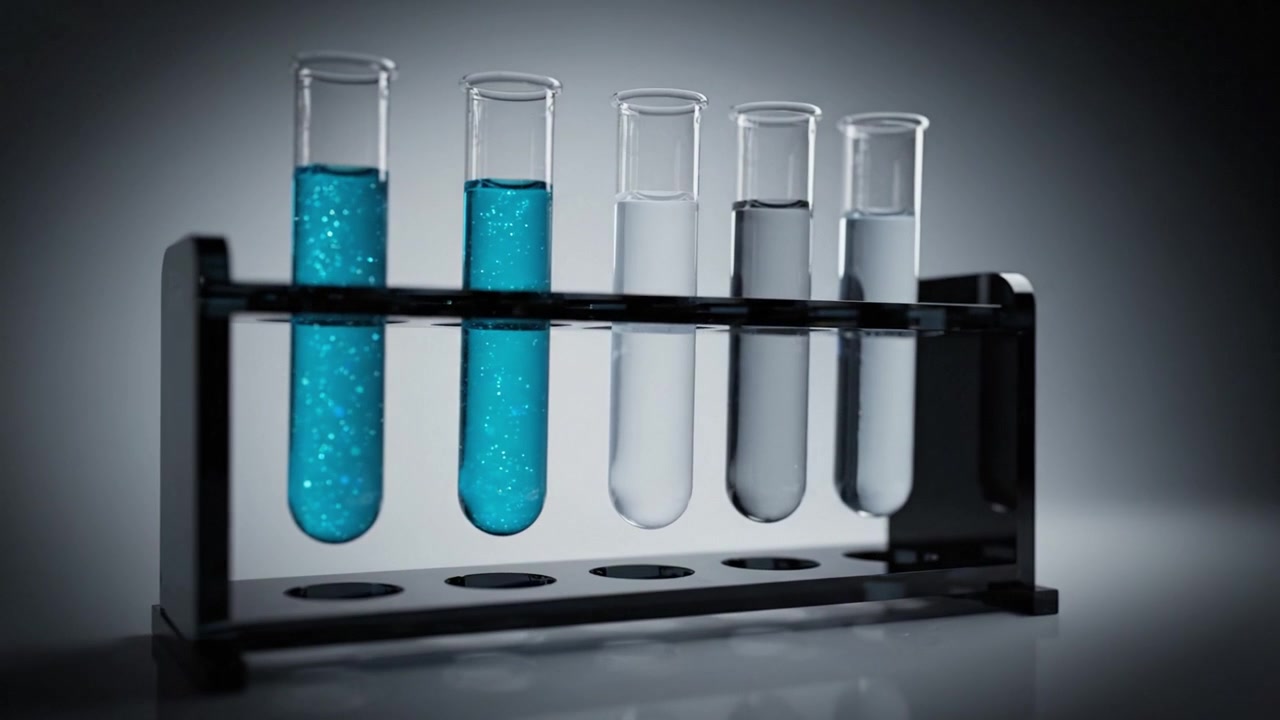 Provette colorate in una rastrelliera che mostrano vivaci soluzioni chimiche e liquidi chiari in un ambiente di laboratorio, evidenziando la sperimentazione e l'analisi scientifica.