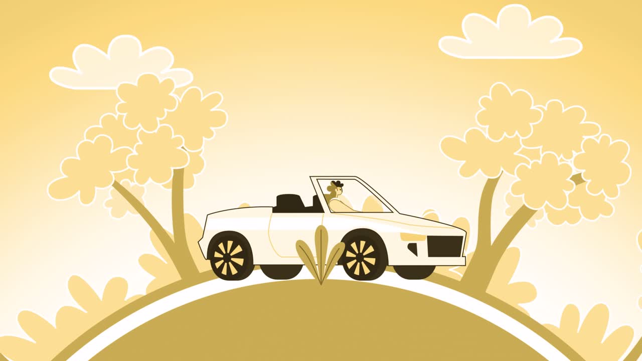 желтая женщина с плоским характером едет на открытом воздухе в белом кабриолете.