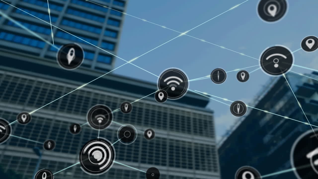 Network of digital icons against tall buildings in background