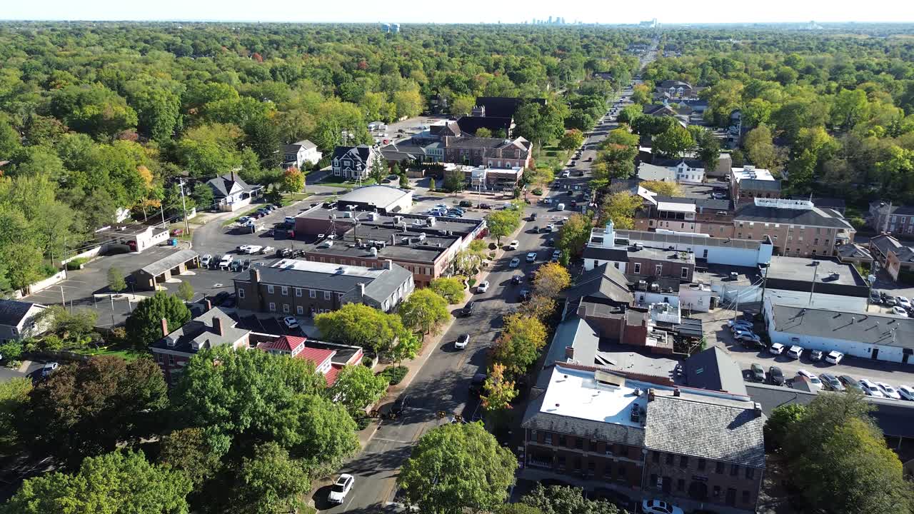 Worthington Ohio, aerial drone footage of historic downtown area, central ohio,a suburb of Columbus, Ohio just north of the city.
