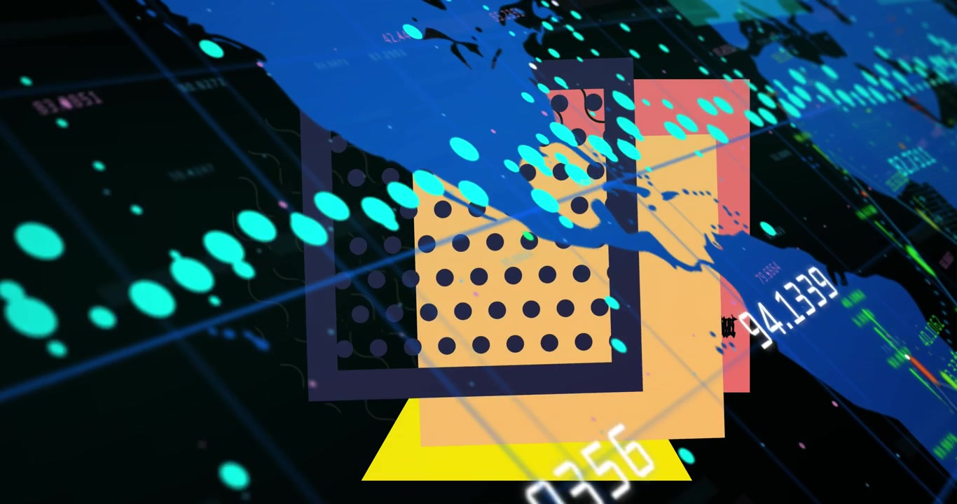 Animation of data processing over world map and colorful shapes on black background