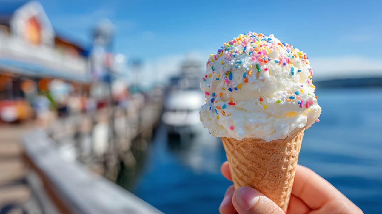 Een heerlijk ijshoorntje met kleurrijke sprinkles tegen een schilderachtige waterkant op een heldere zonnige dag.