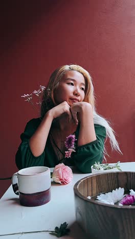 woman relaxing with flowers on a table