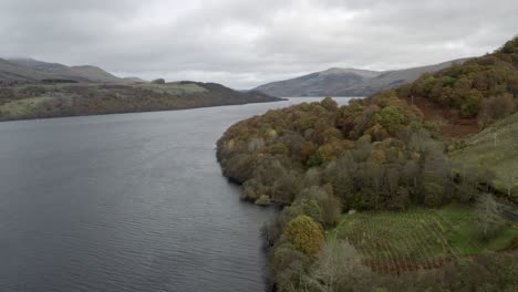 an aerial view looking down loch tay on an autumn day, perthshire, scotland