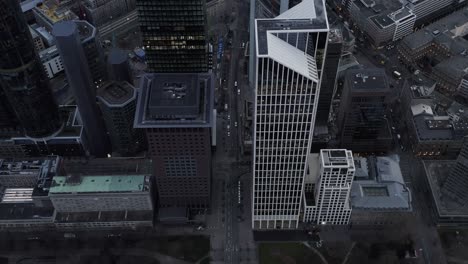 high angle view of downtown streets. road traffic among modern skyscrapers. frankfurt am main, germany