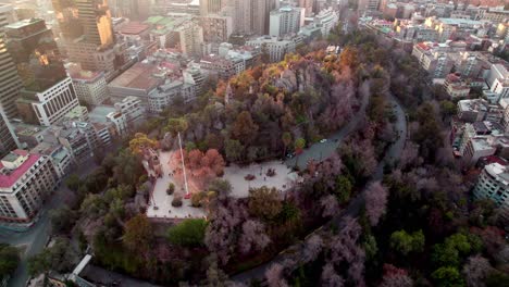 An-aerial-orbit-of-Caupolican-terrace-at-Santa-Lucia-Hill,-Downtown-Santiago,-Chile