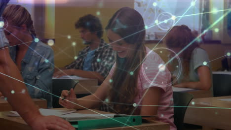 estudiando en el aula, estudiantes con conexiones de red y animación de procesamiento de datos