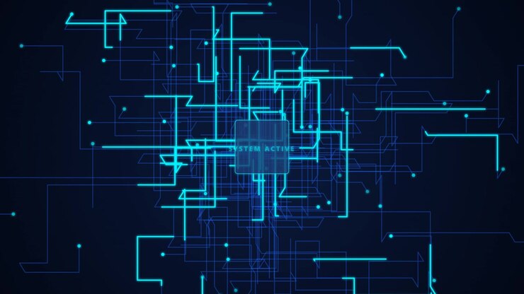 Animazione di circuito stampato digitale con testo 'Sistema Attivo'