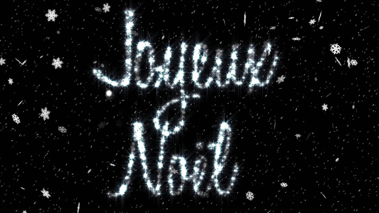 animación de texto de joyeux noel sobre la nieve que cae en el paisaje de invierno