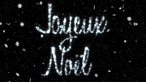 animation of joyeux noel text over snow falling in winter scenery