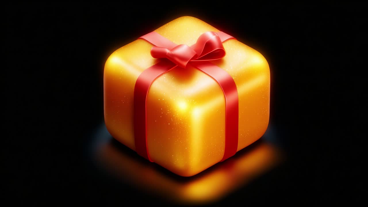 A Vibrant Golden Gift Box with a Red Ribbon, Radiating Warmth and Anticipation, Symbolizing Celebration, Surprise, and Generosity in a Mysterious Black Background Setting