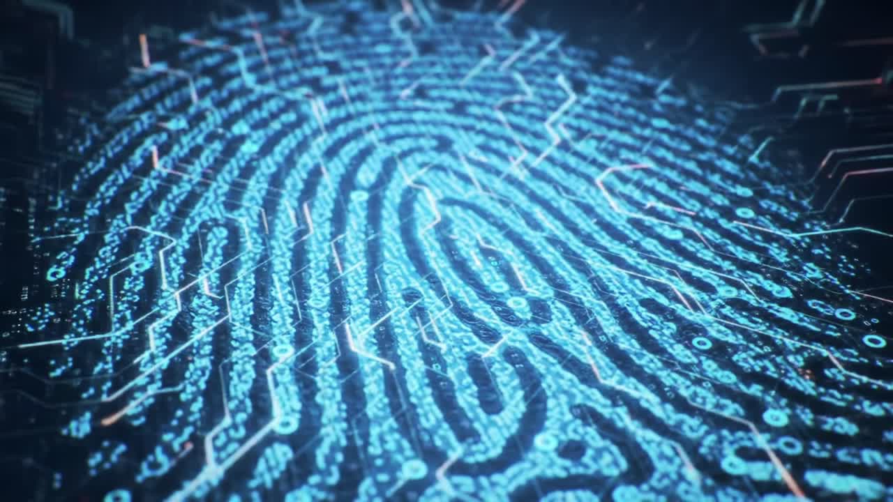 Intricate Digital Fingerprint Representation with Binary Patterns and Technological Lines Illuminating the Unique Identity Capture Process in a High-Tech Environment