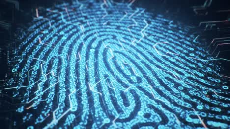 intricate digital fingerprint representation with binary patterns and technological lines illuminating the unique identity capture process in a high-tech environment