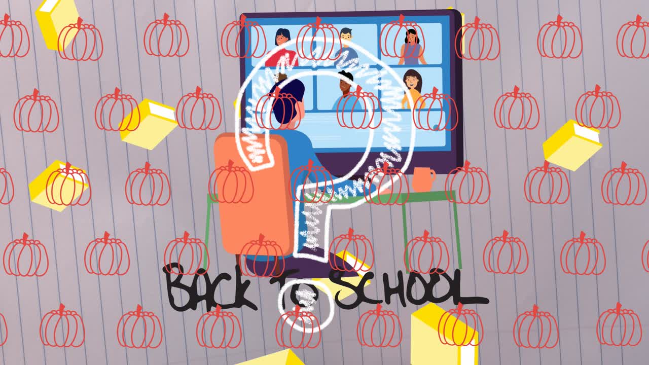 コンピューターを使っている男の子の上に、「Back to school」の文字のアニメーション。