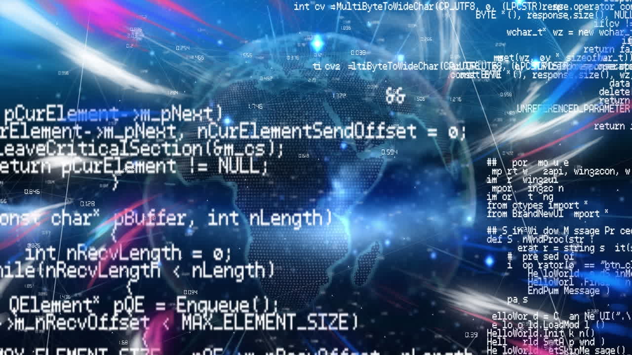 파란색과 분홍색 빛의 애니메이션이 데이터 프로세싱과 지구상에서 빠르게 움직입니다.