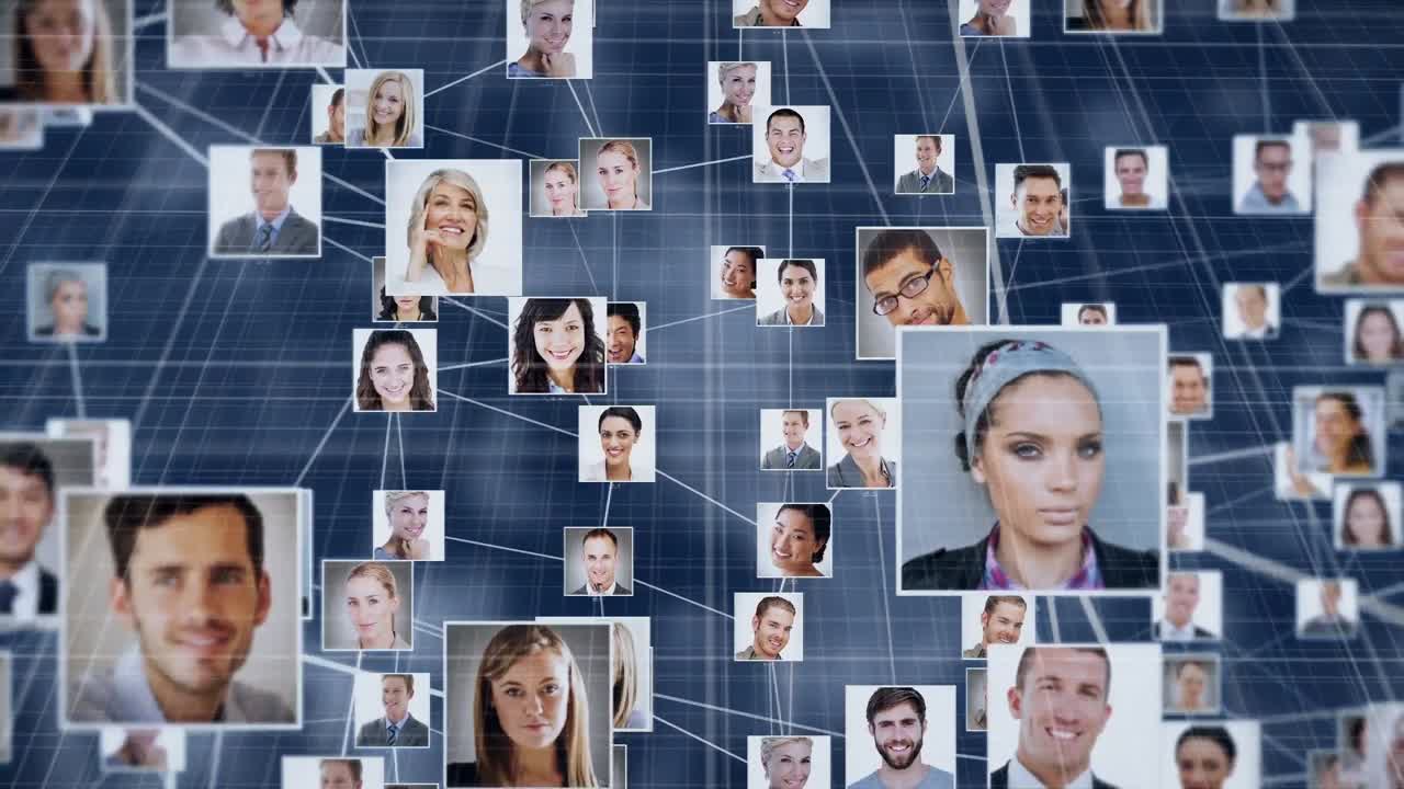 animación de la red de conexiones con diversas personas sobre un fondo borroso