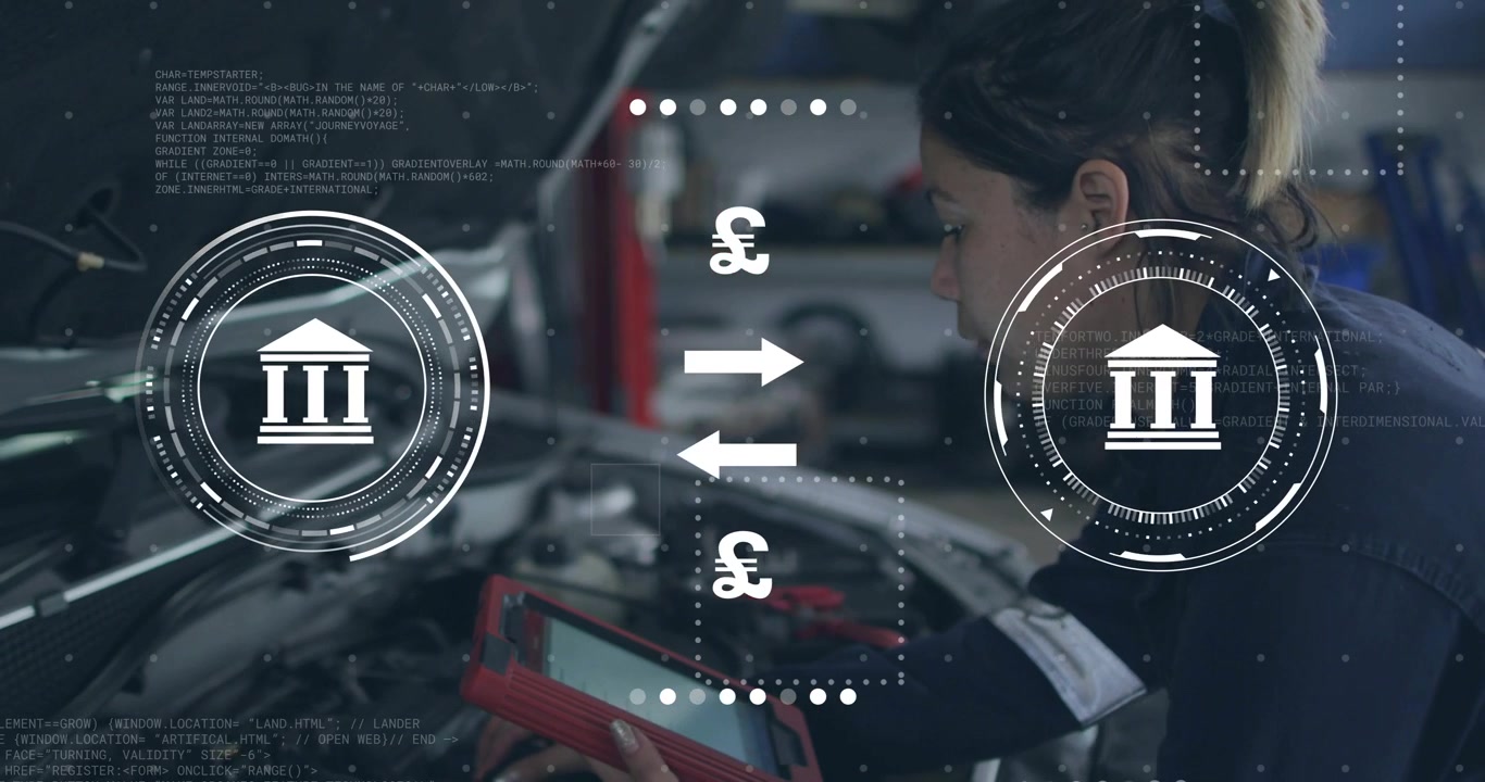 Woman auto tech using red tablet activating finance HUD over engine, cycling FX, assessing costs