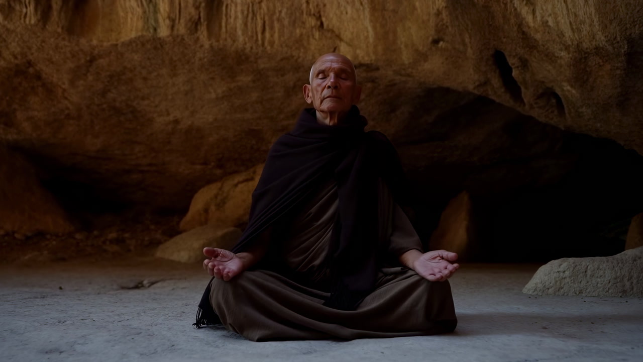 Elderly Caucasian Monk Meditating In Cave, Warm Rock Shelter, Brown Robes, Crosslegged Posture, Eyes Closed,