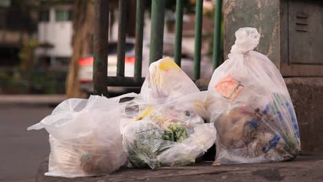 bags of trash left out on the street in the morning with traffic