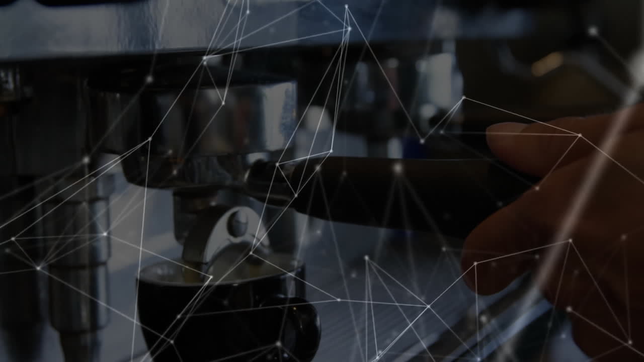 Espresso portafilter getting animated with data network overlay, showing coffee dripping into cup