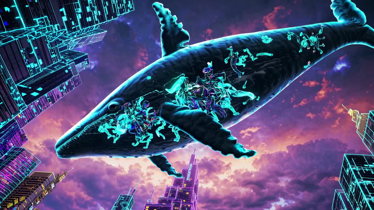 Whale Transporting People Through Futuristic Cityscape