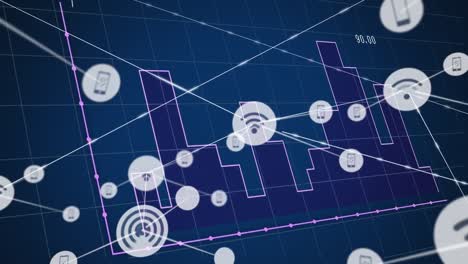 animación de la red de iconos digitales y procesamiento de datos estadísticos contra un fondo azul