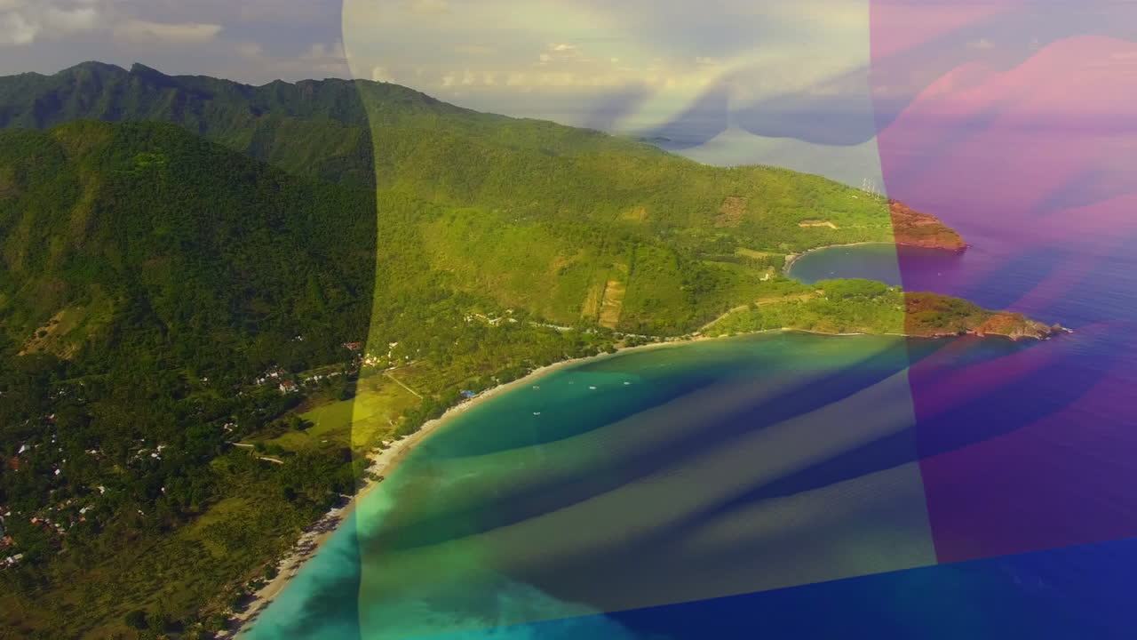 벨기에의  ⁇ 발이 바다 풍경 위에서 날아다니는 애니메이션