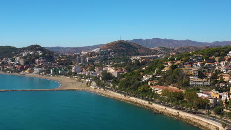 An-aerial-drone-shot-of-the-coastline-and-beach-of-Malaga,-Andalusia,-Spain