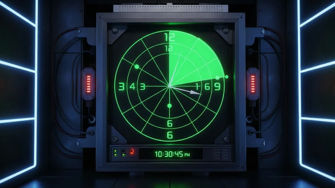 Dynamic Radar Display Showcasing Real-Time Tracking, Featuring Green Visualizations and Floating Elements, Within a Futuristic Interface at Night