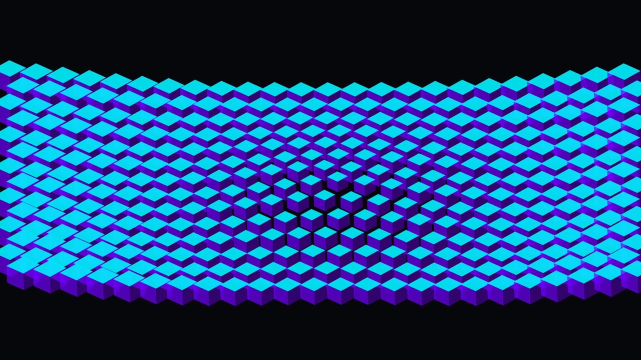 Animación abstracta de cubos azules y morados con movimiento ondulatorio