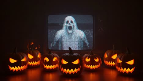 chilling halloween scene featuring eerie ghostly figure on vintage television surrounded by menacing jack-o'-lanterns casting spooky shadows