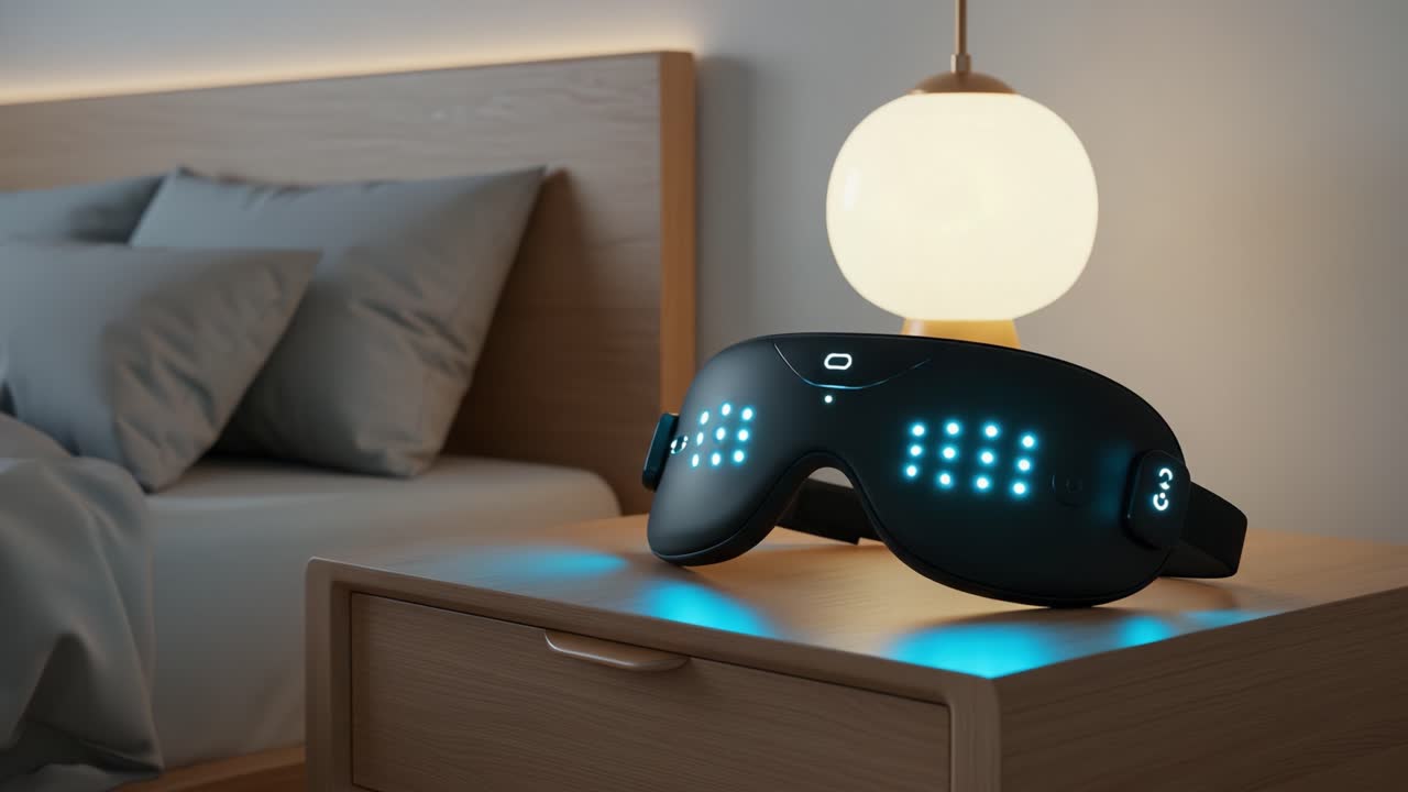 Cutting-edge Vision Therapy Device on Nightstand Enhances Relaxation and Sleep Quality in Cozy Bedroom Ambiance with Soft Lighting and Minimalist Decor