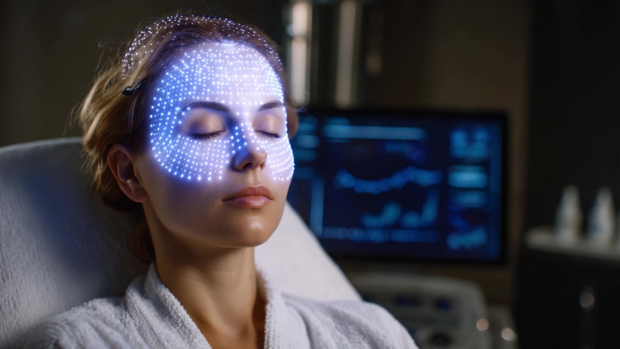 Una donna serena che si sottopone a un trattamento viso ad alta tecnologia con motivi luminosi, che riflette la tecnologia avanzata per la cura della pelle e il relax in un ambiente moderno.