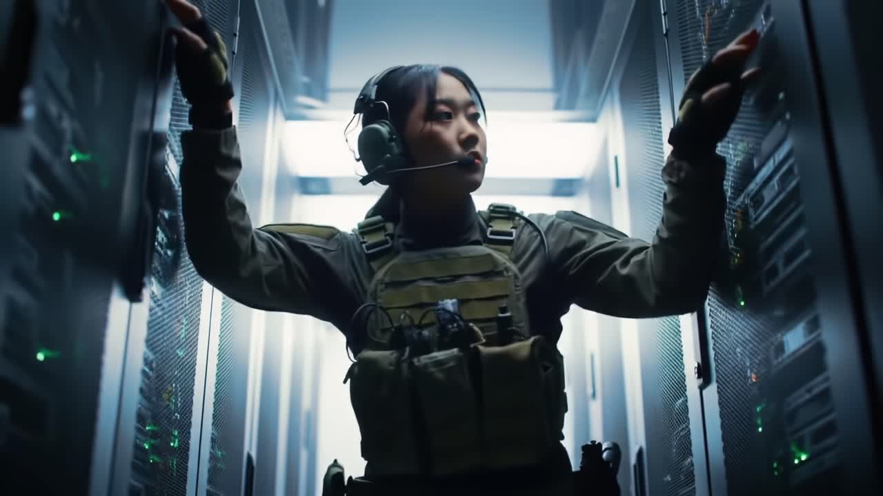 A Tactical Soldier Maneuvers Through a High-Tech Server Room with Precision and Focus, Showcasing Advanced Equipment and Military Readiness in a Cyber Environment