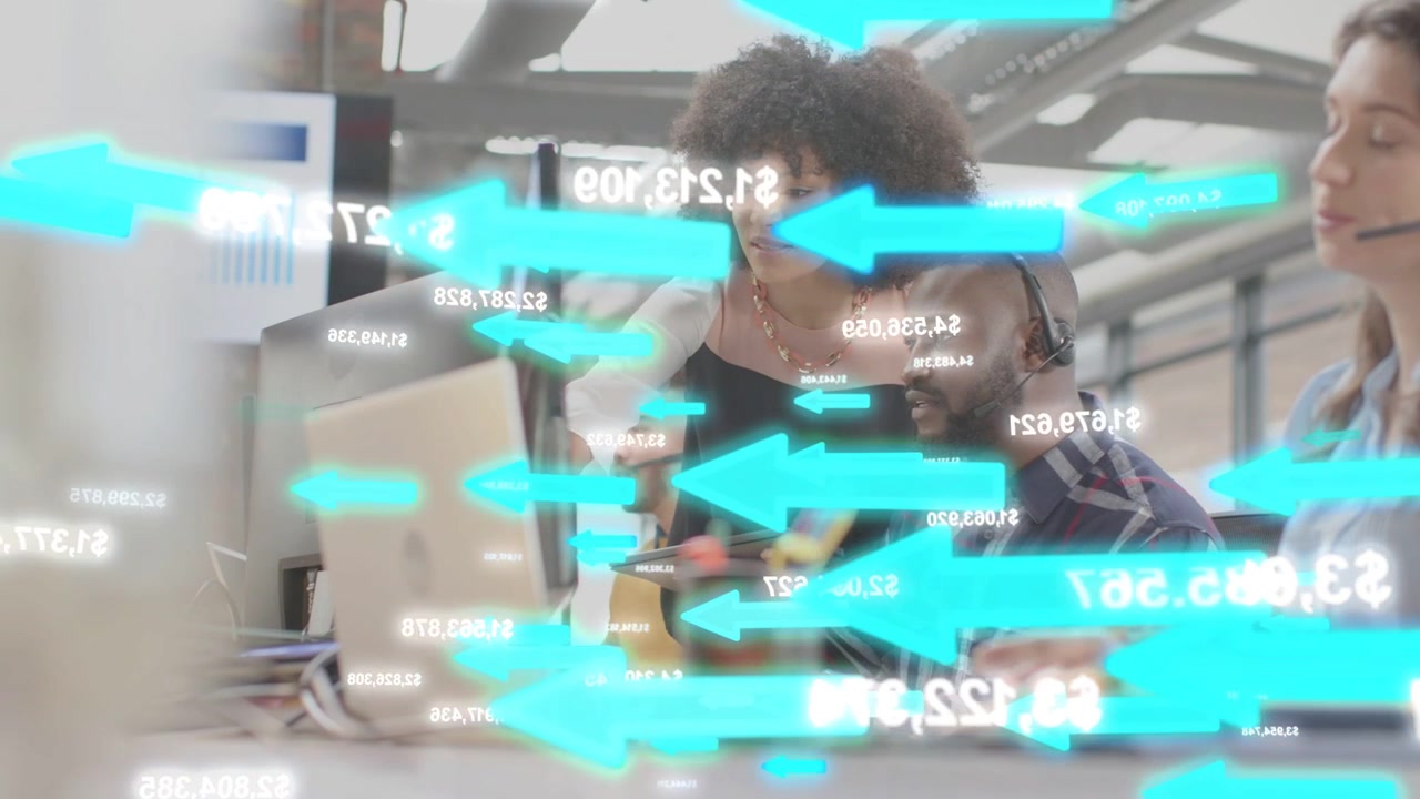 Animated arrows sweeping screens, causing woman leaning, pointing and guiding team on data