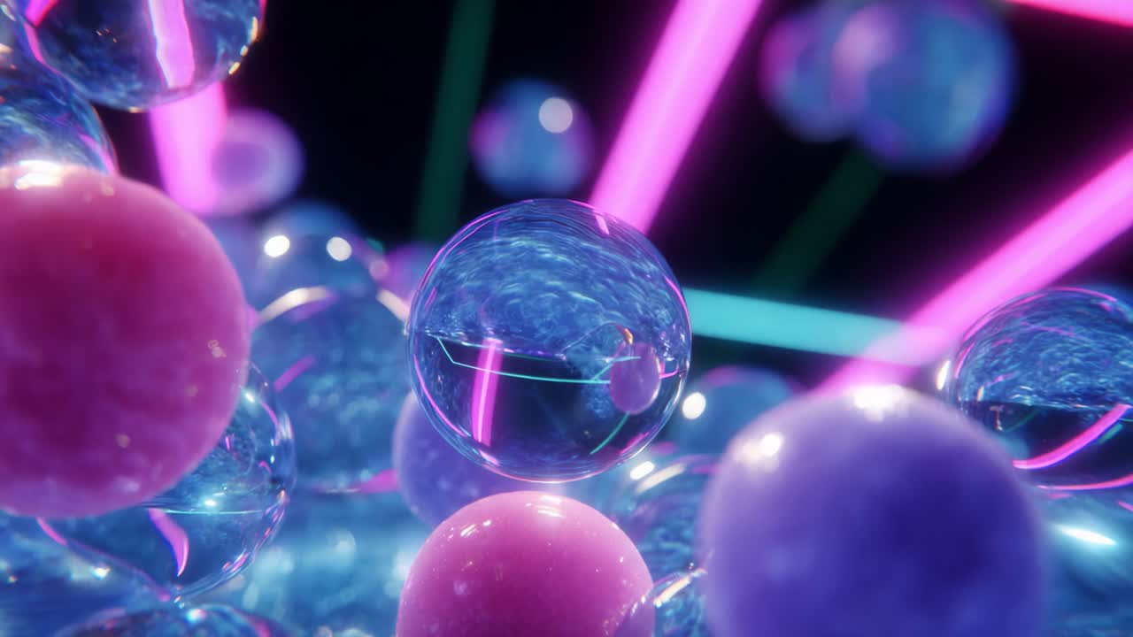 A mesmerizing journey through a vivid, abstract landscape filled with colorful spheres and glowing lines, revealing the interplay of light and texture in a captivating visual experience