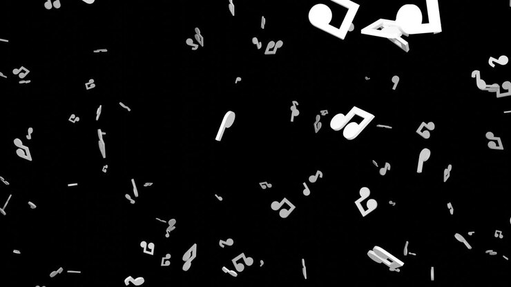 Flying white musical notes on black background.