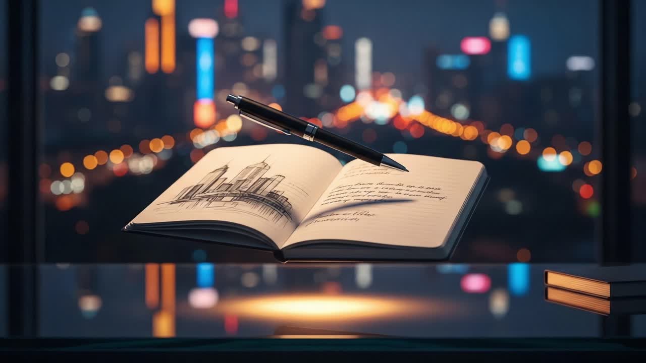 An Artistic Notebook Displaying a Cityscape Sketch and Thoughtful Writing with a Pen Resting Above, Complemented by a Beautiful City View at Night