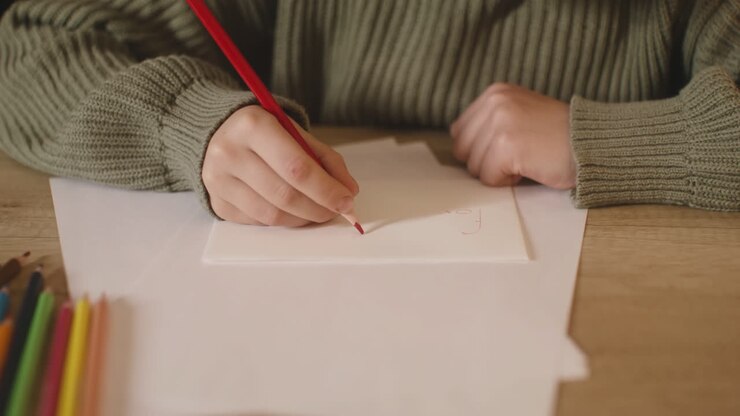Close Up View Of The Hands Of A Girl Writing A Letter To Santa Claus Sitting At A Table