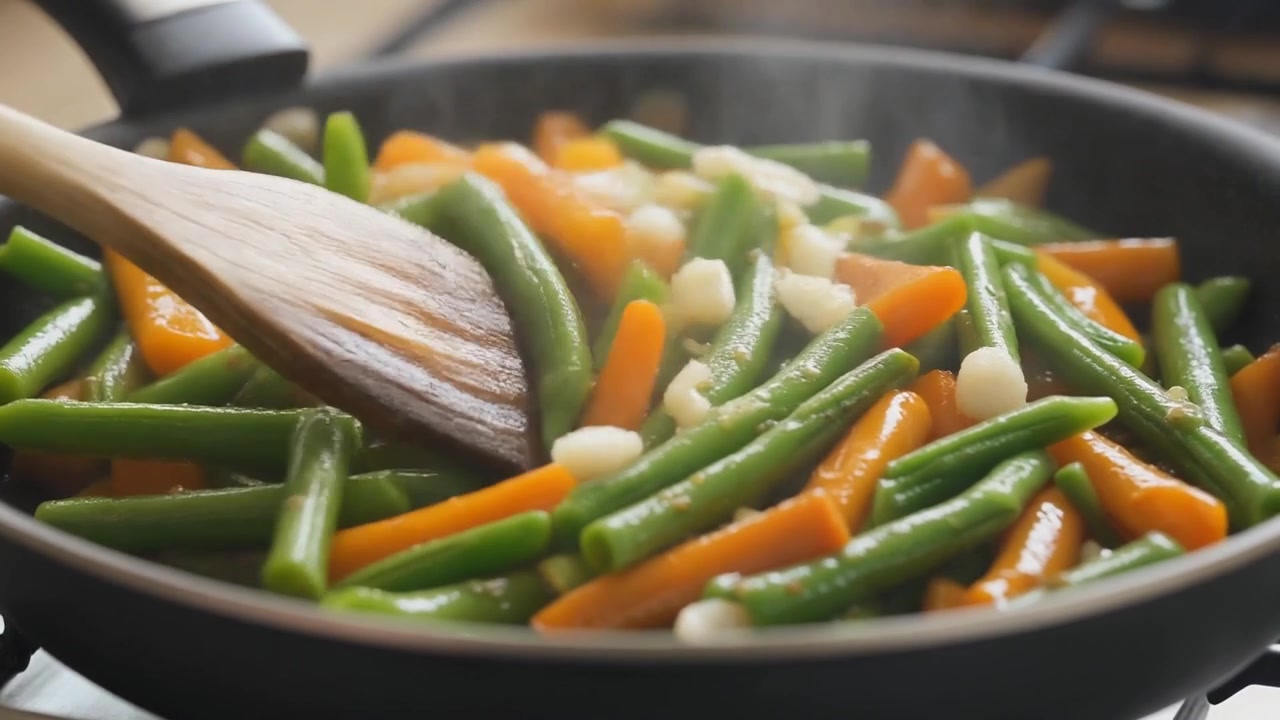 Chef che mescola fagiolini freschi e carote in una padella