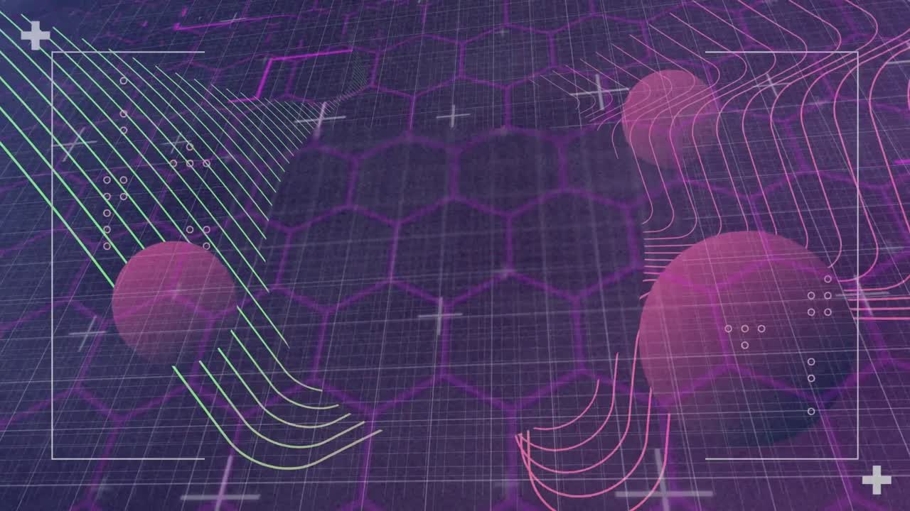 animación de esferas púrpuras y marcadores blancos en una red de hexágonos sobre fondo púrpura