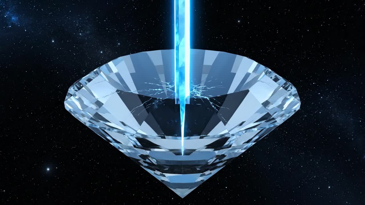 Laser beam shattering a diamond in space