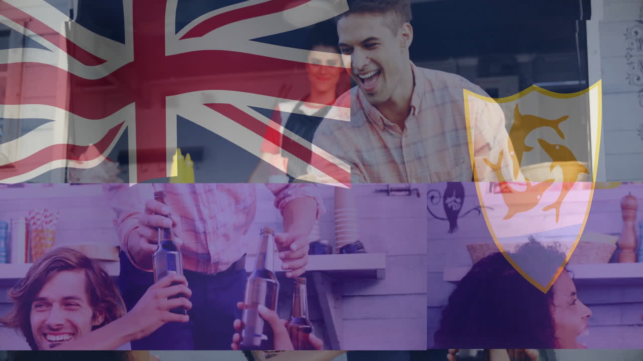 Drinking together, people celebrating with Union Jack and Anguilla flag animation