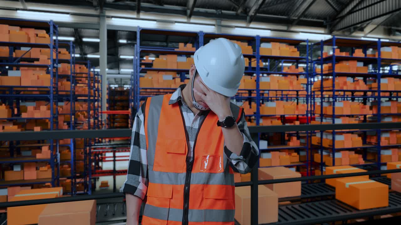 ingeniero masculino asiático con casco de seguridad que tiene dolor de cabeza mientras está de pie en el almacén con estantes llenos de mercancías de entrega