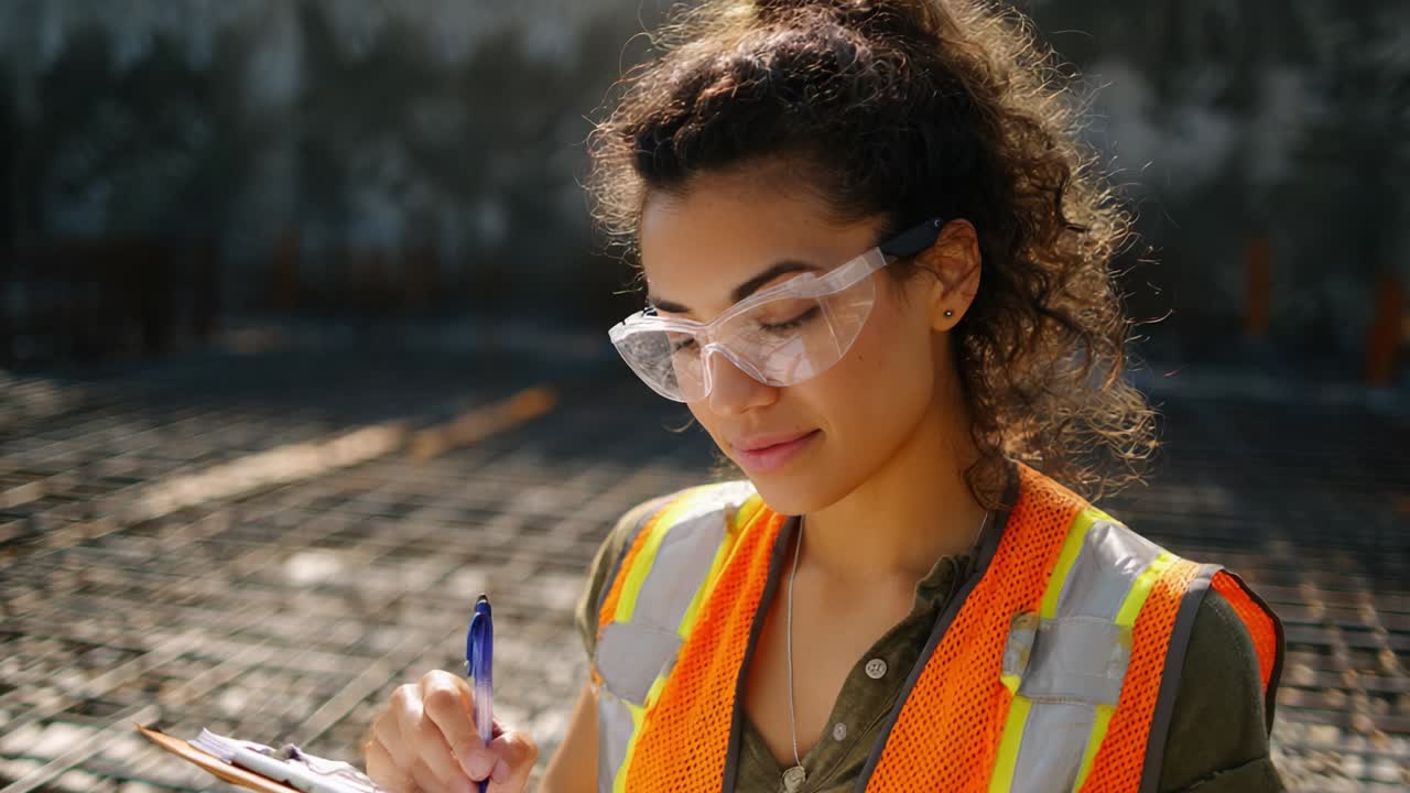 A focused construction worker wearing safety glasses and a reflective vest, attentively taking notes on a clipboard at a building site, showcasing professionalism and dedication to her work