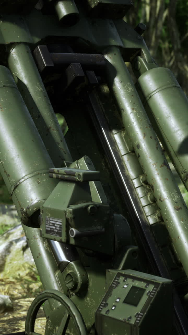 Close inspection of weathered missile launcher machinery and components