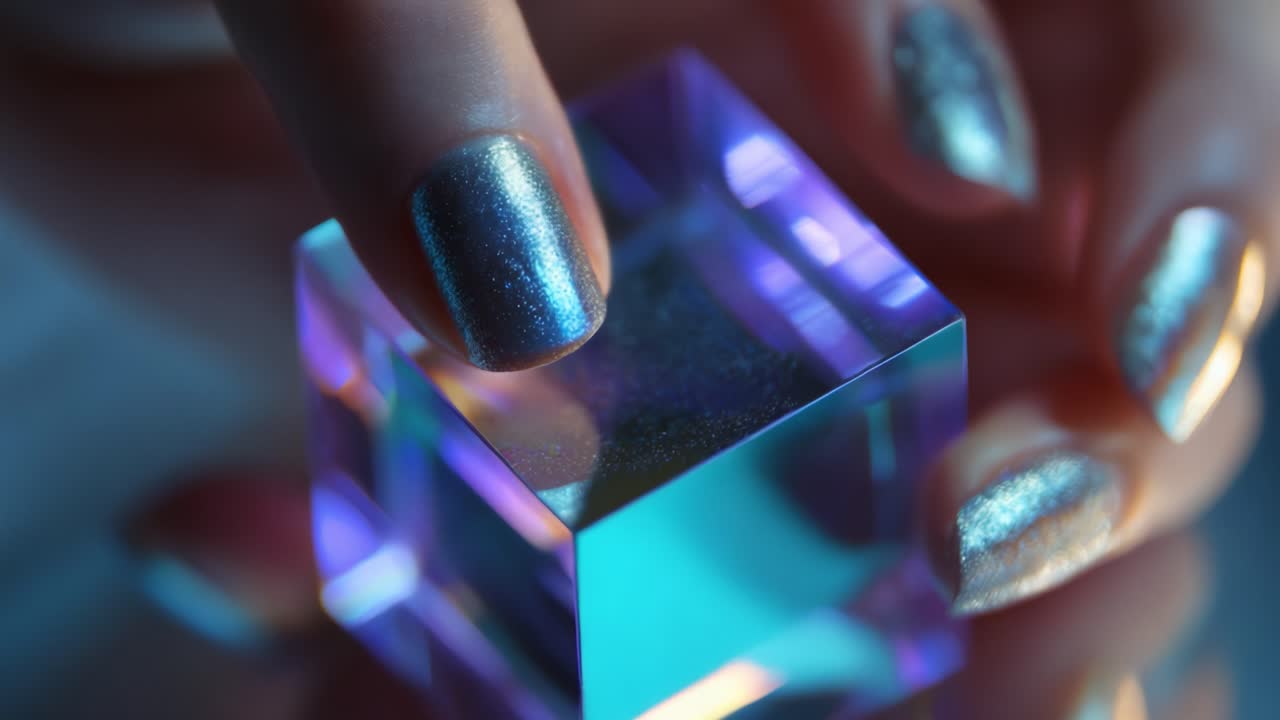 A Close-Up Perspective on a Hand Holding a Reflective Transparent Cube with Sparkling Nails, Showcasing the Intricate Play of Light and Color in an Artistic and Aesthetic Environment