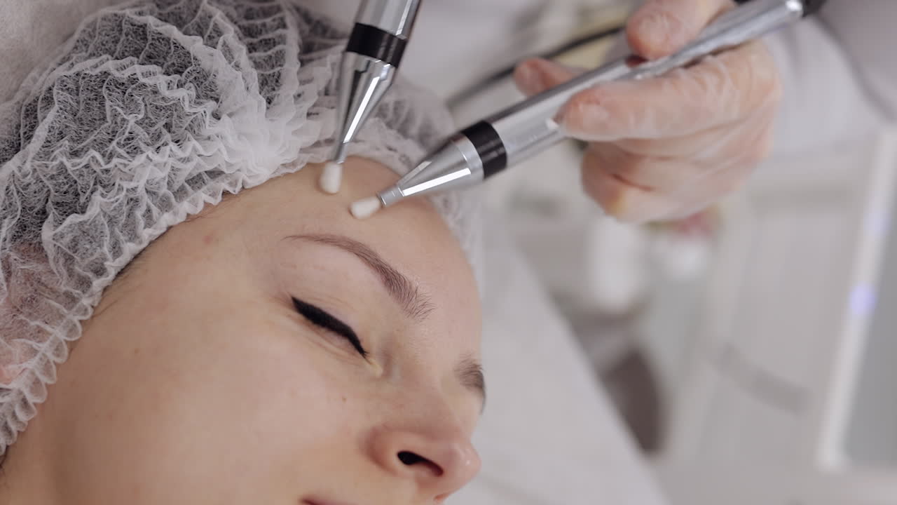 cosmetólogo médico hace a la mujer micro corrientes terapia facial utilizando impulsos eléctricos en el salón de spa